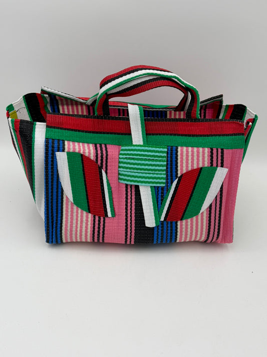 Candy Large handwoven tote bag by SCRUBIES in Pink,Blue,White,Green,Red with Stripes design and Leaf accent pattern