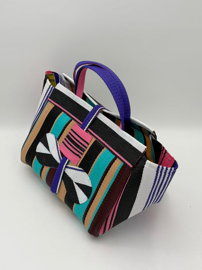 Boho Large handwoven tote bag by SCRUBIES in Beige,Black,Teal,Pink,White,Black with Stripes design and Bow accent pattern