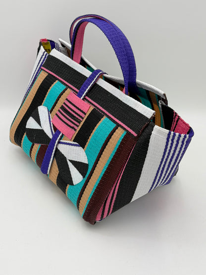 Boho Large handwoven tote bag by SCRUBIES in Beige,Black,Teal,Pink,White,Black with Stripes design and Bow accent pattern