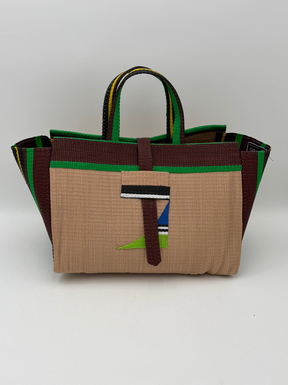 Beige Large handwoven tote bag by SCRUBIES in Beige,Broen,Green with Solid design and Abstract accent pattern