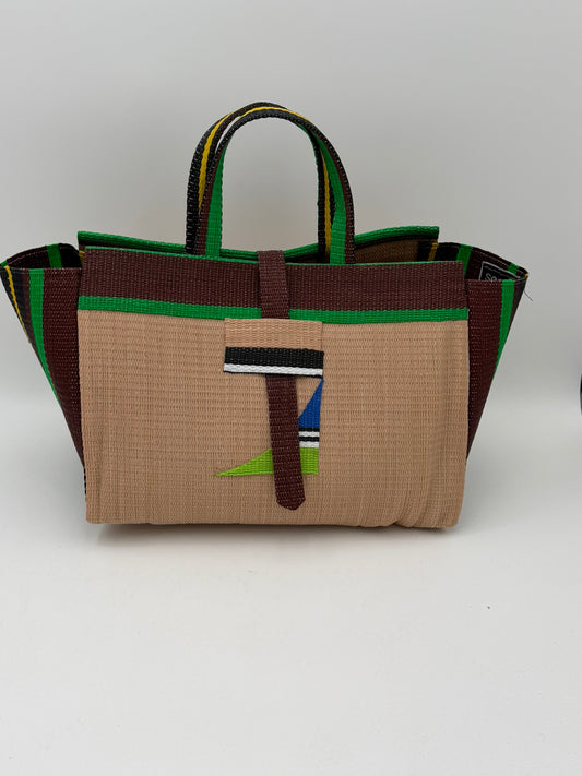 Beige Large handwoven tote bag by SCRUBIES in Beige,Broen,Green with Solid design and Abstract accent pattern