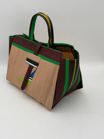 Beige Large handwoven tote bag by SCRUBIES in Beige,Broen,Green with Solid design and Abstract accent pattern