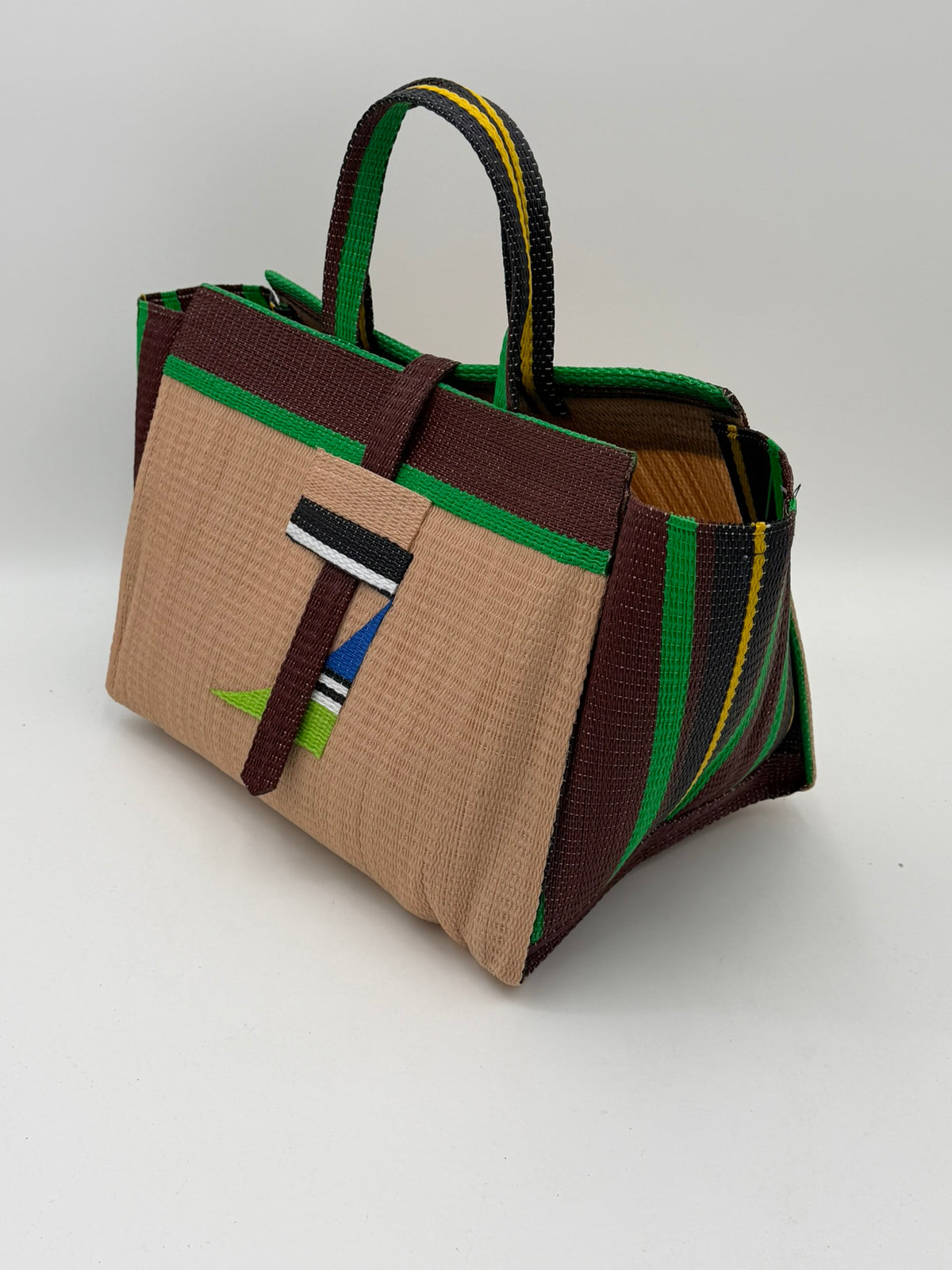 Beige Large handwoven tote bag by SCRUBIES in Beige,Broen,Green with Solid design and Abstract accent pattern