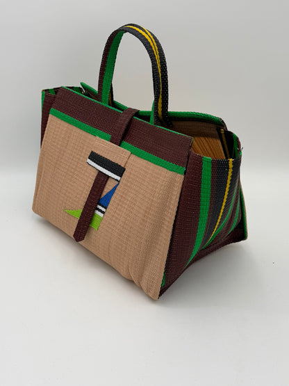 Beige Large handwoven tote bag by SCRUBIES in Beige,Broen,Green with Solid design and Abstract accent pattern