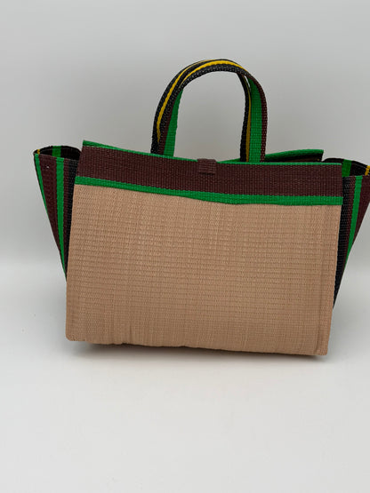 Beige Large handwoven tote bag by SCRUBIES in Beige,Broen,Green with Solid design and Abstract accent pattern