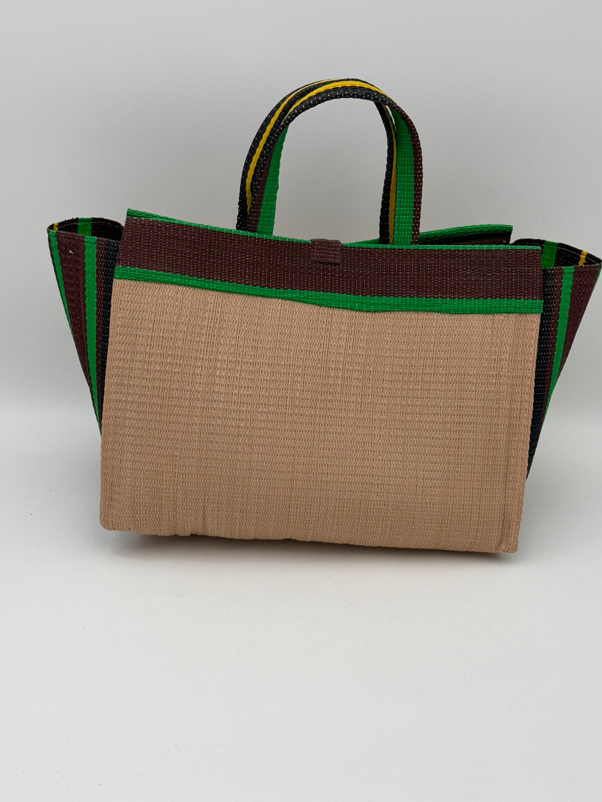 Beige Large handwoven tote bag by SCRUBIES in Beige,Broen,Green with Solid design and Abstract accent pattern