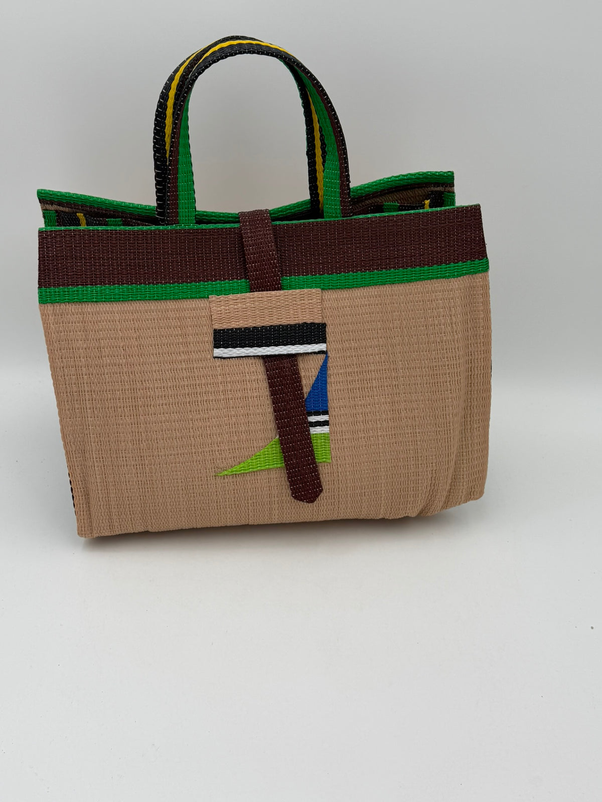 Beige Large handwoven tote bag by SCRUBIES in Beige,Broen,Green with Solid design and Abstract accent pattern