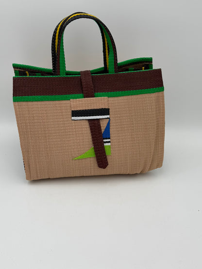 Beige Large handwoven tote bag by SCRUBIES in Beige,Broen,Green with Solid design and Abstract accent pattern