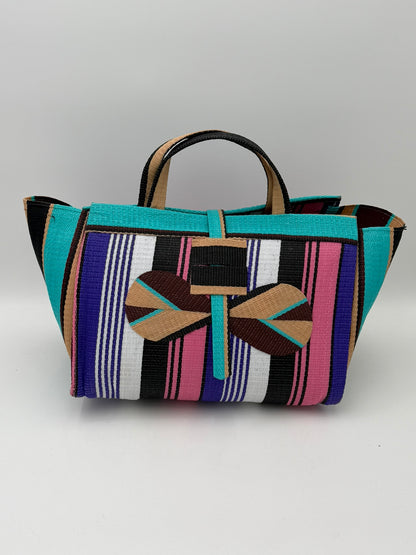 Lavender Large handwoven tote bag by SCRUBIES in Pink,Teal,Beige,Brown,Purple,White,Black with Stripes design and Bow accent pattern