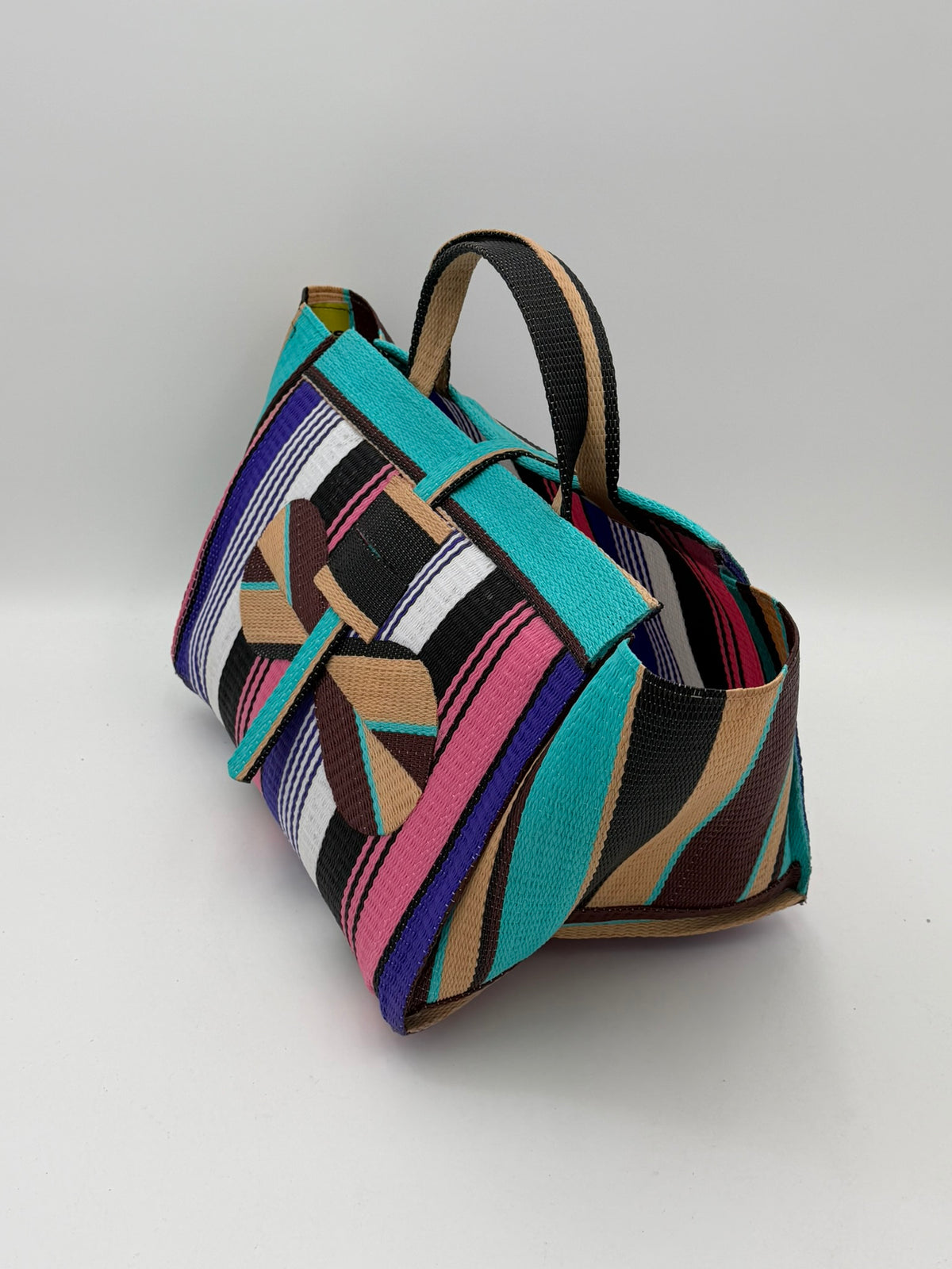 Lavender Large handwoven tote bag by SCRUBIES in Pink,Teal,Beige,Brown,Purple,White,Black with Stripes design and Bow accent pattern