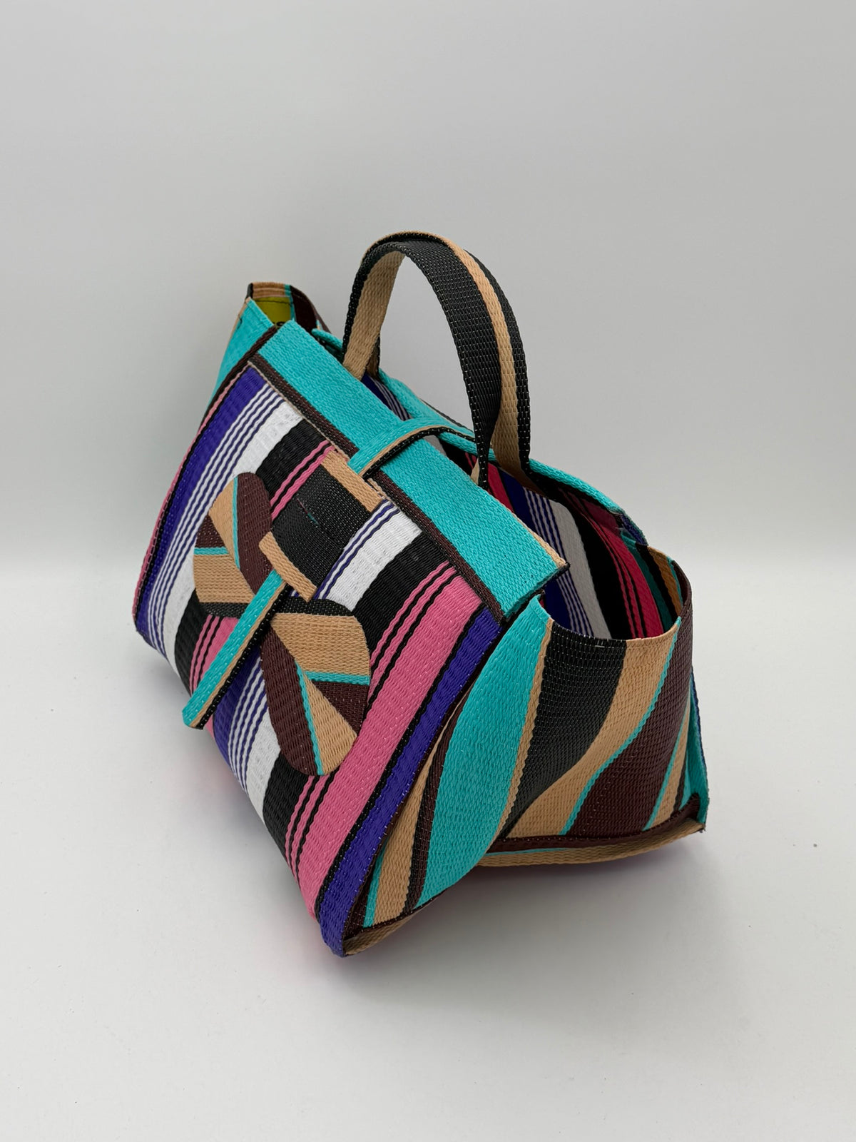Lavender Large handwoven tote bag by SCRUBIES in Pink,Teal,Beige,Brown,Purple,White,Black with Stripes design and Bow accent pattern