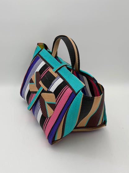 Lavender Large handwoven tote bag by SCRUBIES in Pink,Teal,Beige,Brown,Purple,White,Black with Stripes design and Bow accent pattern