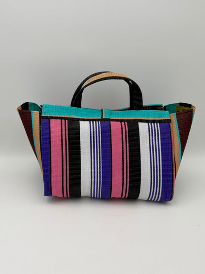 Lavender Large handwoven tote bag by SCRUBIES in Pink,Teal,Beige,Brown,Purple,White,Black with Stripes design and Bow accent pattern