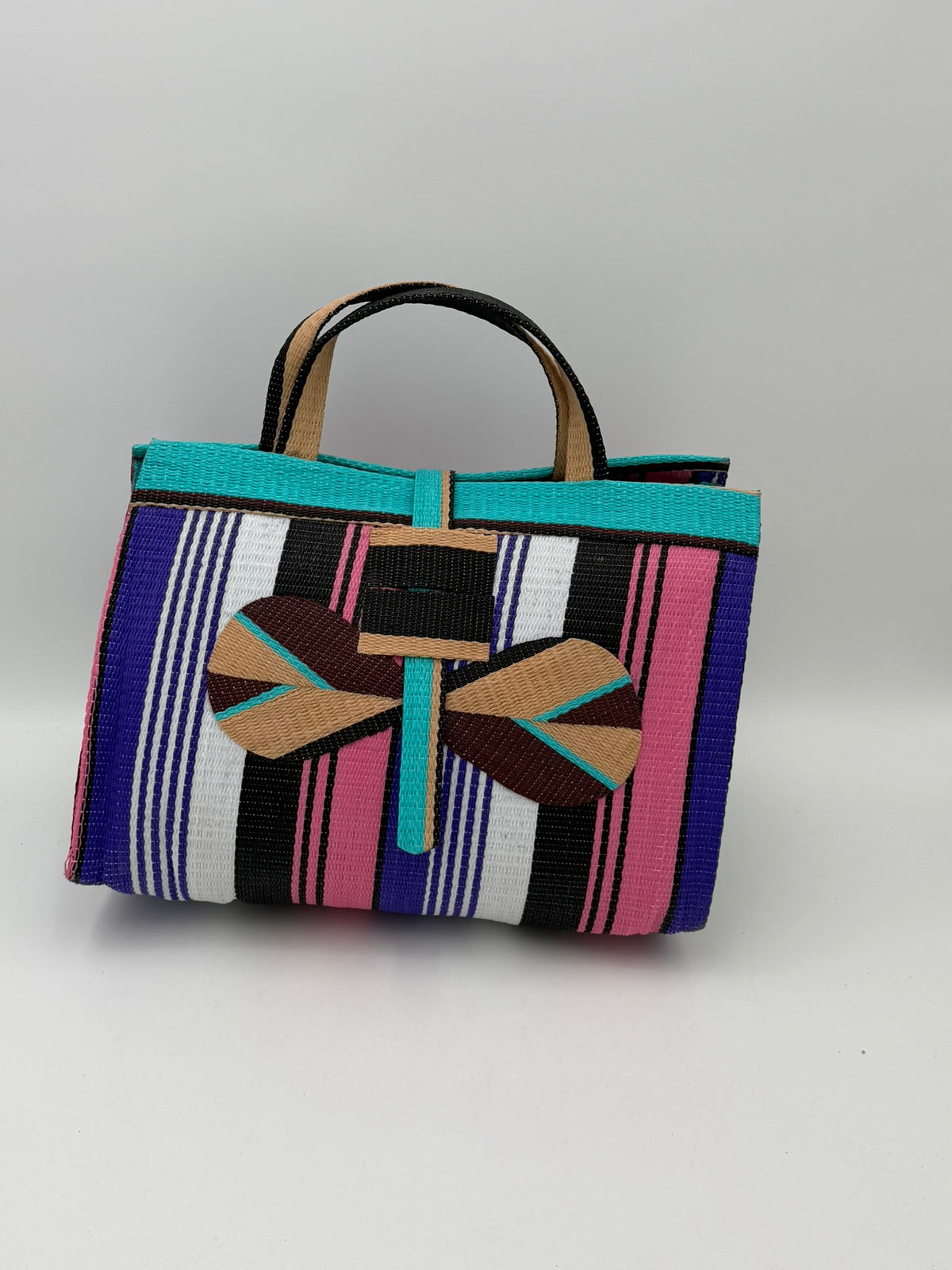 Lavender Large handwoven tote bag by SCRUBIES in Pink,Teal,Beige,Brown,Purple,White,Black with Stripes design and Bow accent pattern