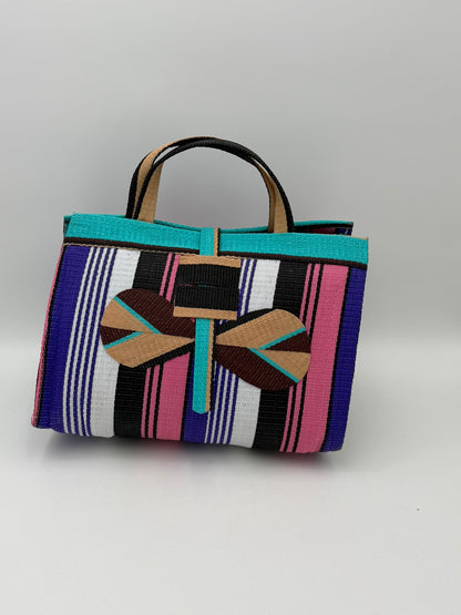Lavender Large handwoven tote bag by SCRUBIES in Pink,Teal,Beige,Brown,Purple,White,Black with Stripes design and Bow accent pattern