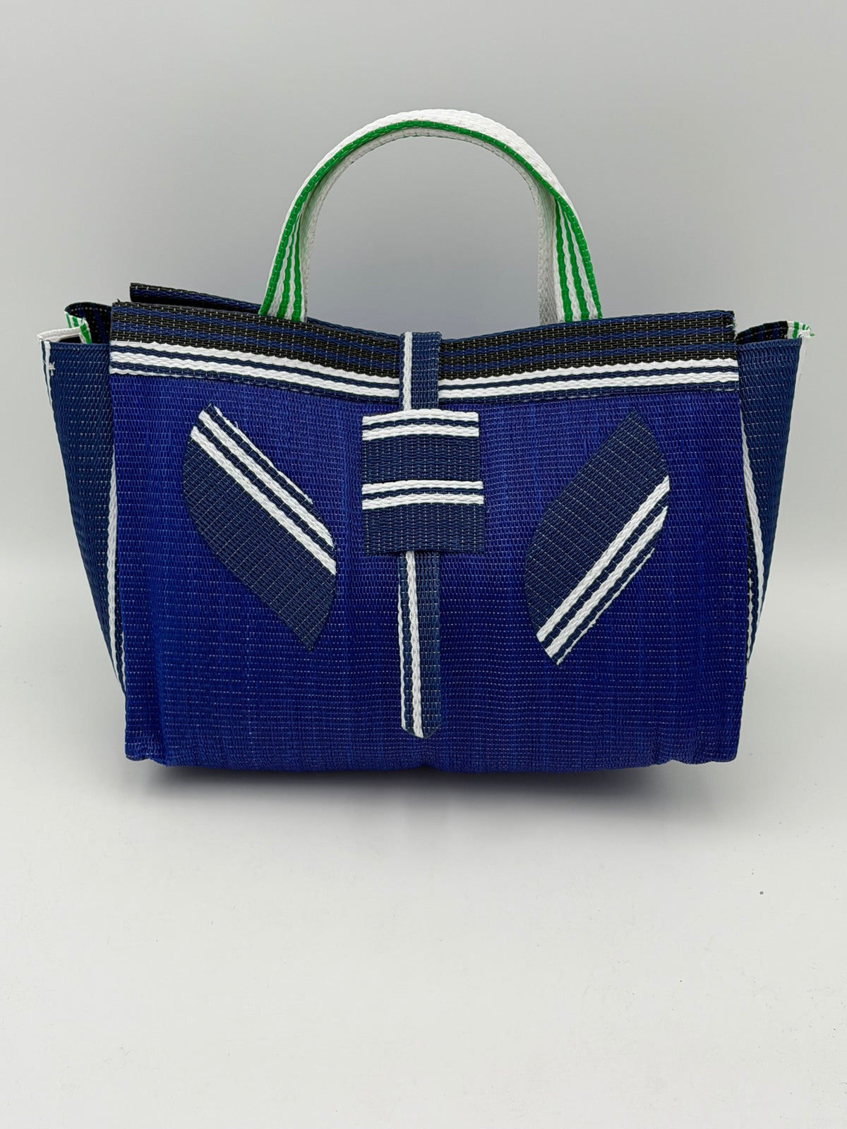 Berry Large handwoven tote bag by SCRUBIES in Blue,White,Green with Solid design and Leaf accent pattern