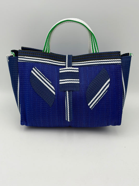 Berry Large handwoven tote bag by SCRUBIES in Blue,White,Green with Solid design and Leaf accent pattern