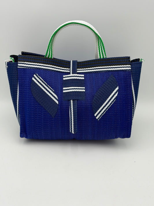 Berry Large handwoven tote bag by SCRUBIES in Blue,White,Green with Solid design and Leaf accent pattern