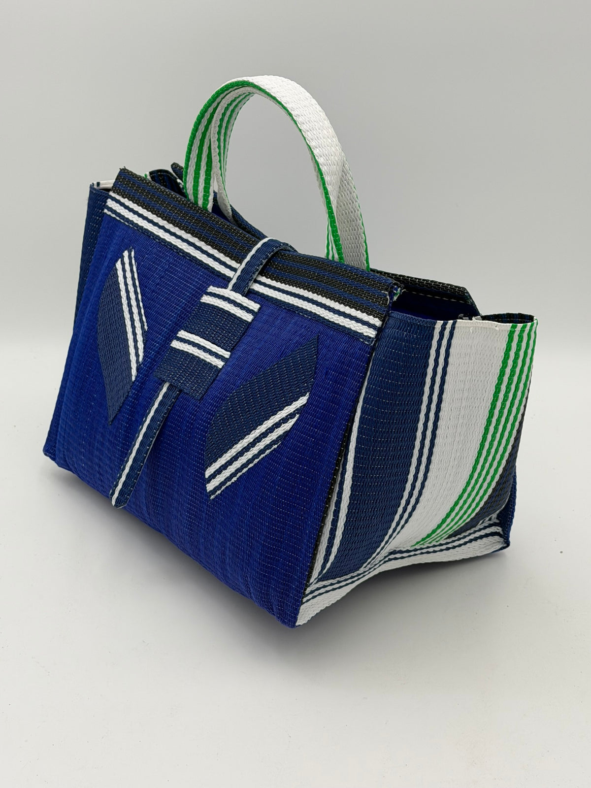 Berry Large handwoven tote bag by SCRUBIES in Blue,White,Green with Solid design and Leaf accent pattern