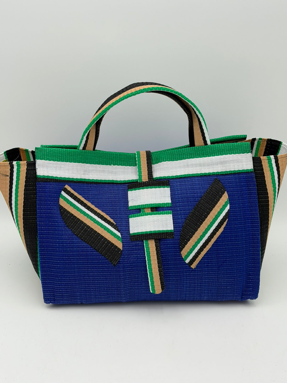 Berry Large handwoven tote bag by SCRUBIES in Blue,White,Green,Beige with Solid design and Leaf accent pattern