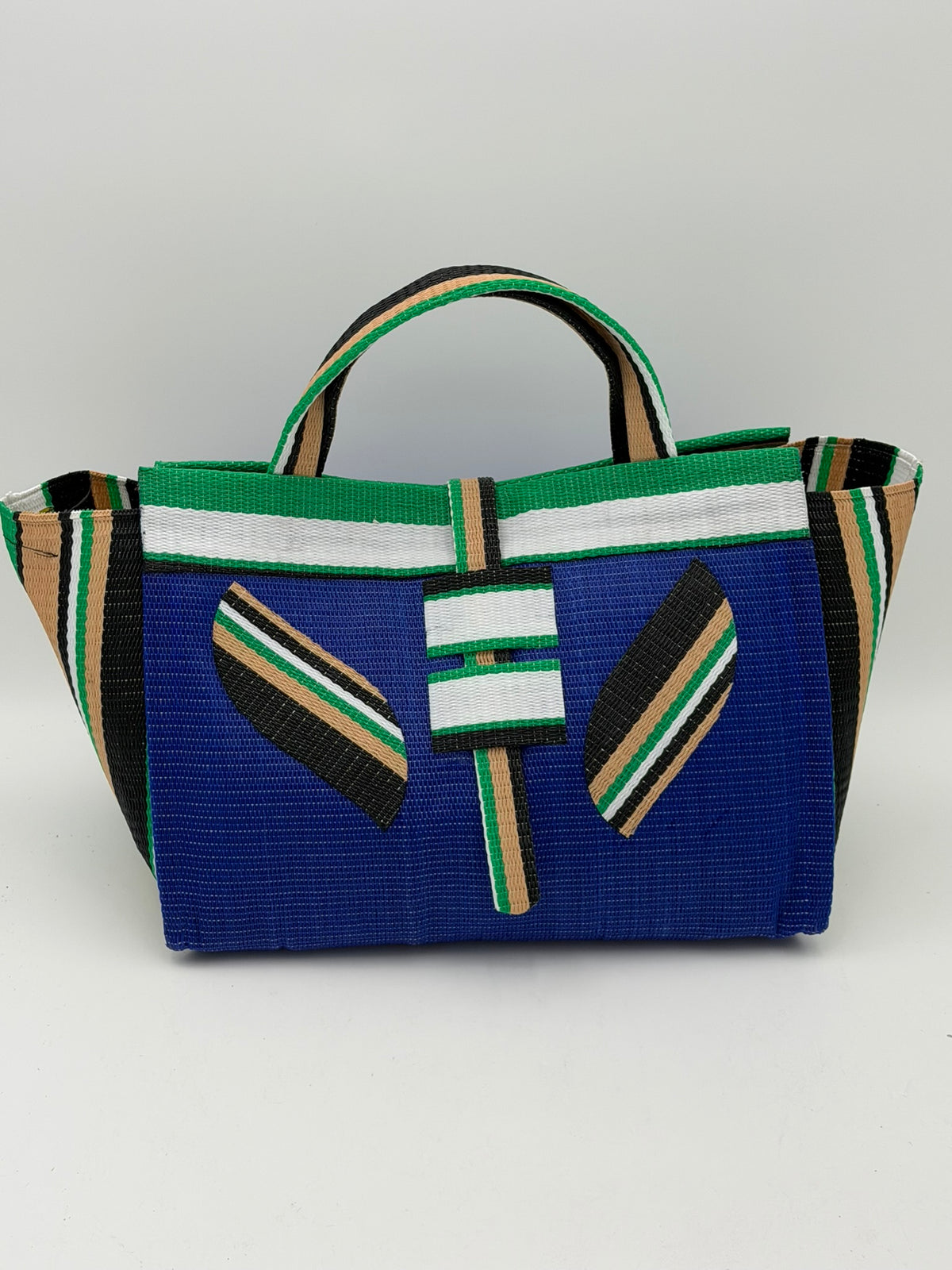 Berry Large handwoven tote bag by SCRUBIES in Blue,White,Green,Beige with Solid design and Leaf accent pattern