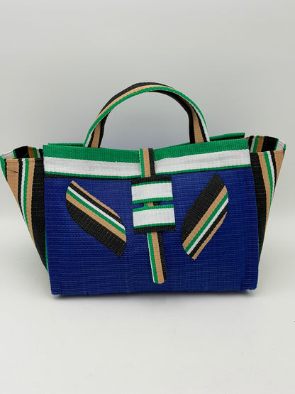 Berry Large handwoven tote bag by SCRUBIES in Blue,White,Green,Beige with Solid design and Leaf accent pattern