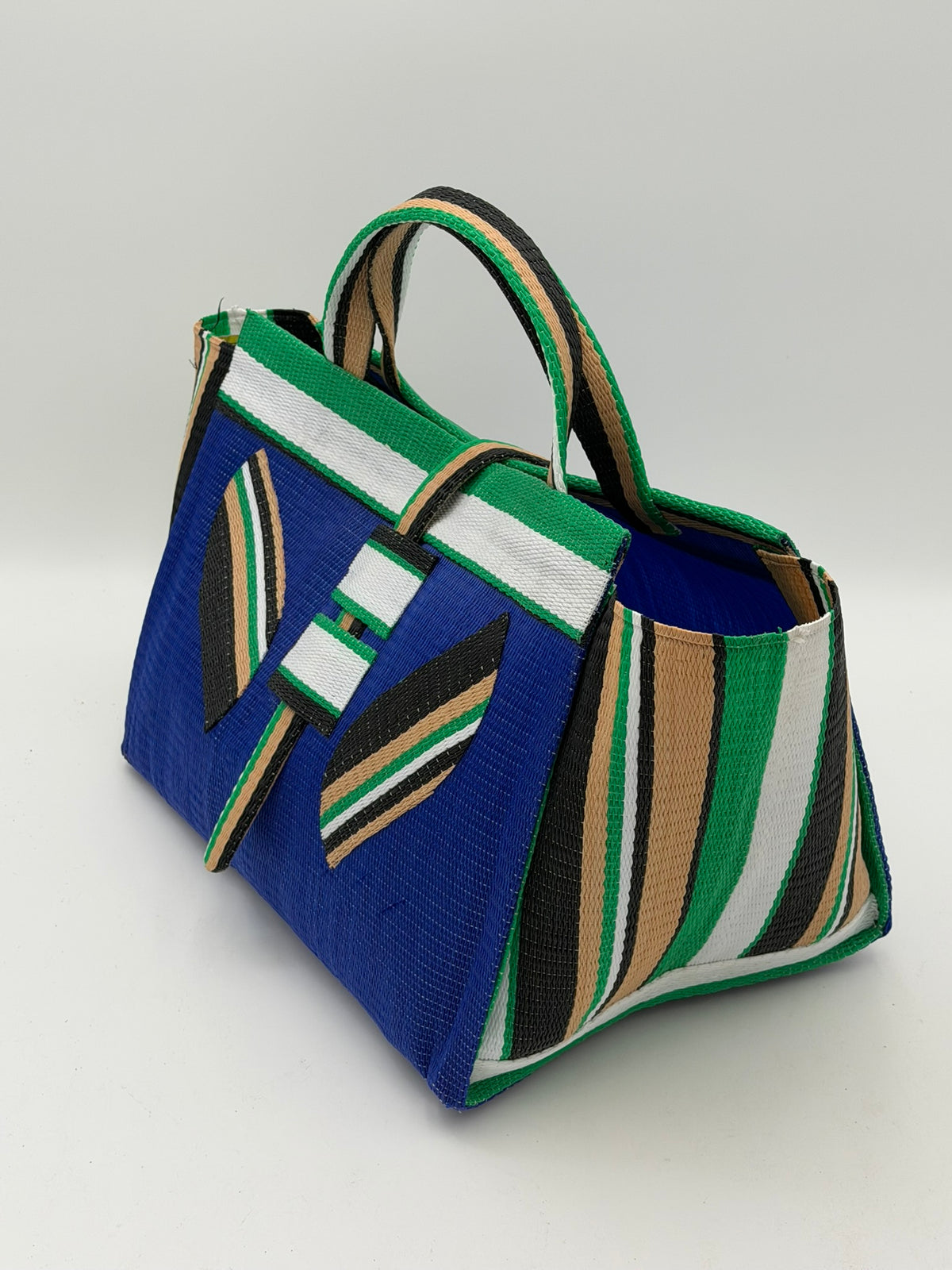 Berry Large handwoven tote bag by SCRUBIES in Blue,White,Green,Beige with Solid design and Leaf accent pattern