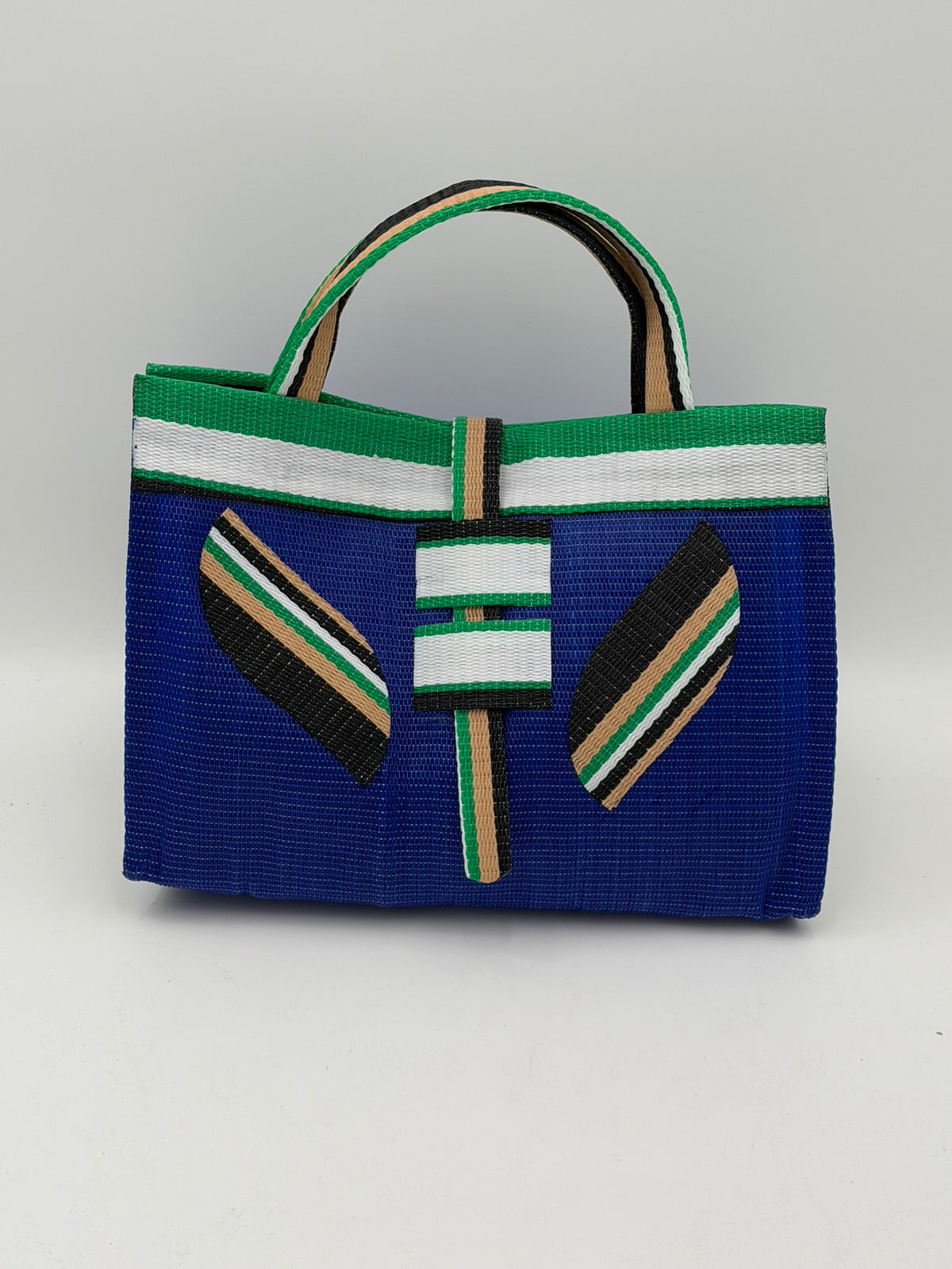 Berry Large handwoven tote bag by SCRUBIES in Blue,White,Green,Beige with Solid design and Leaf accent pattern