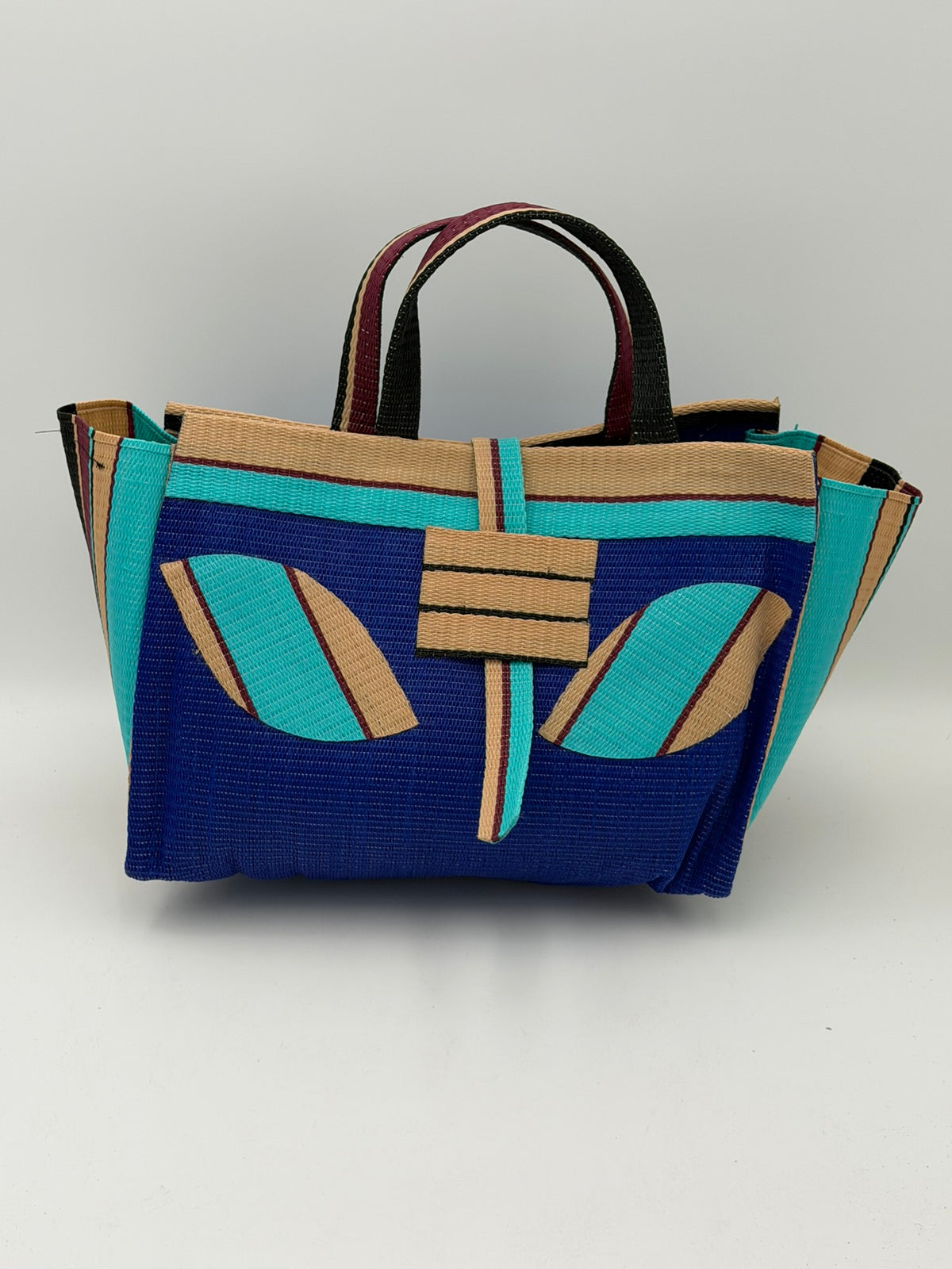 Berry Large handwoven tote bag by SCRUBIES in Blue,Beige,Teal, with Solid design and Leaf accent pattern
