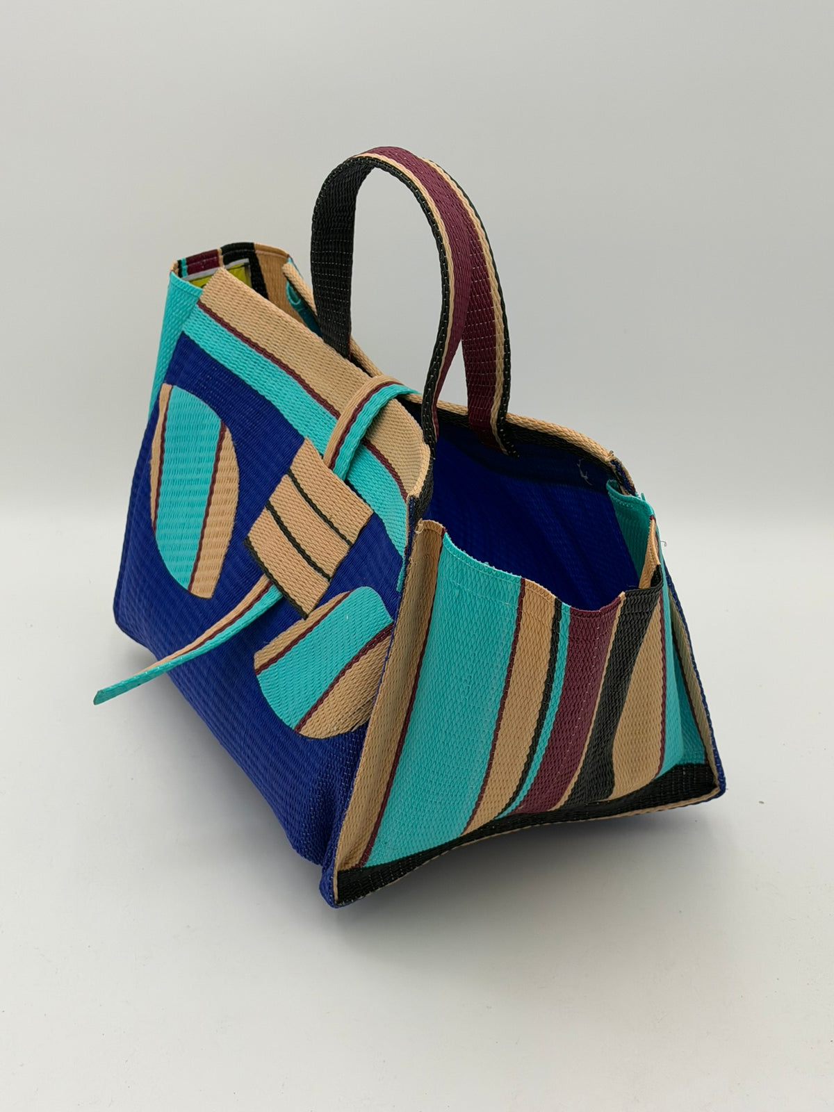 Berry Large handwoven tote bag by SCRUBIES in Blue,Beige,Teal, with Solid design and Leaf accent pattern