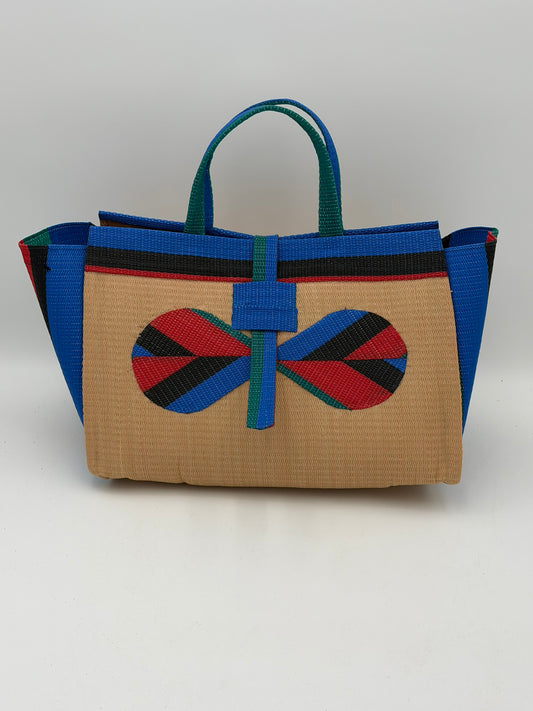 Beige Large handwoven tote bag by SCRUBIES in Beige,Blue,Red,Black with Solid design and Bow accent pattern