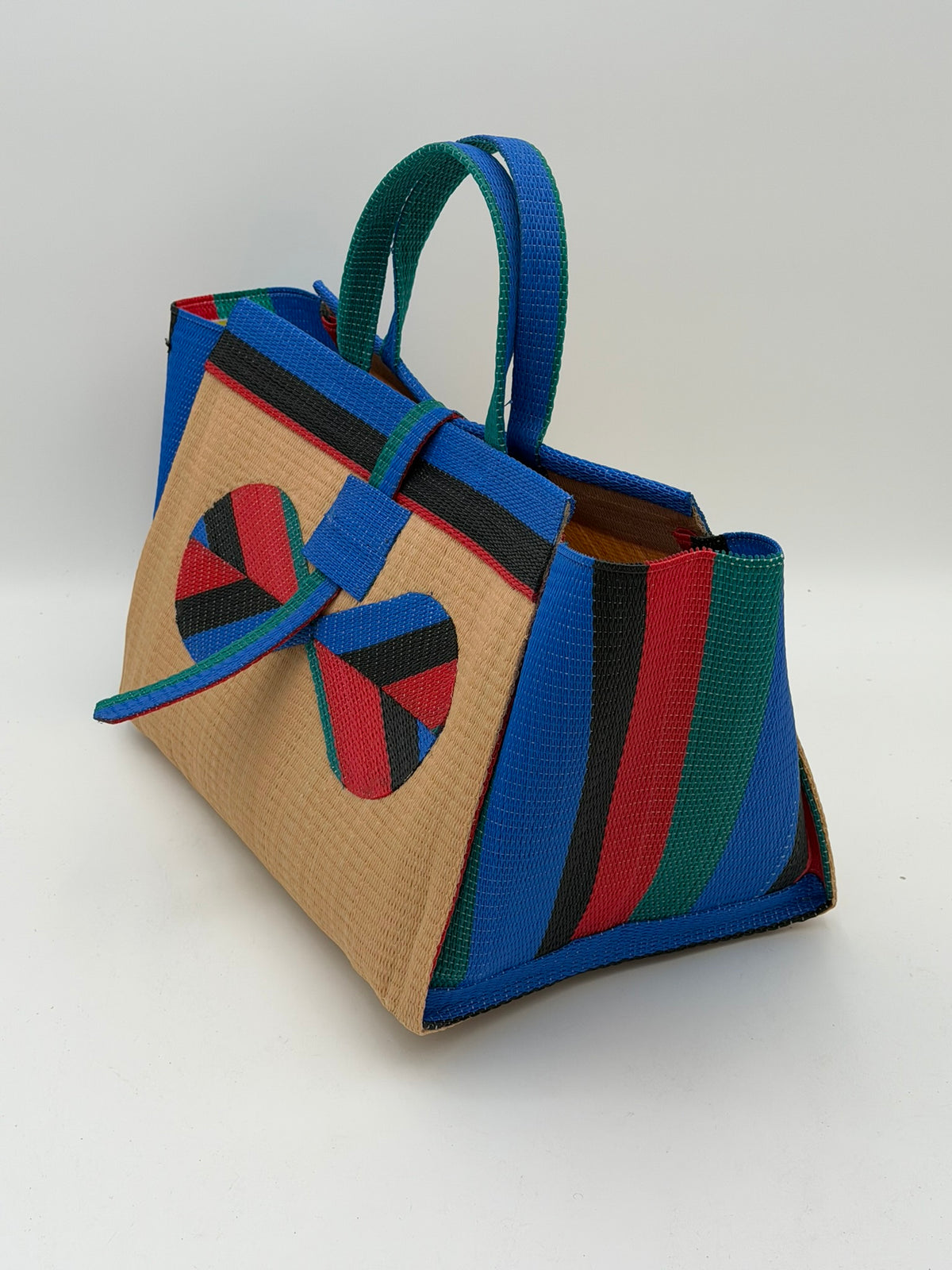 Beige Large handwoven tote bag by SCRUBIES in Beige,Blue,Red,Black with Solid design and Bow accent pattern