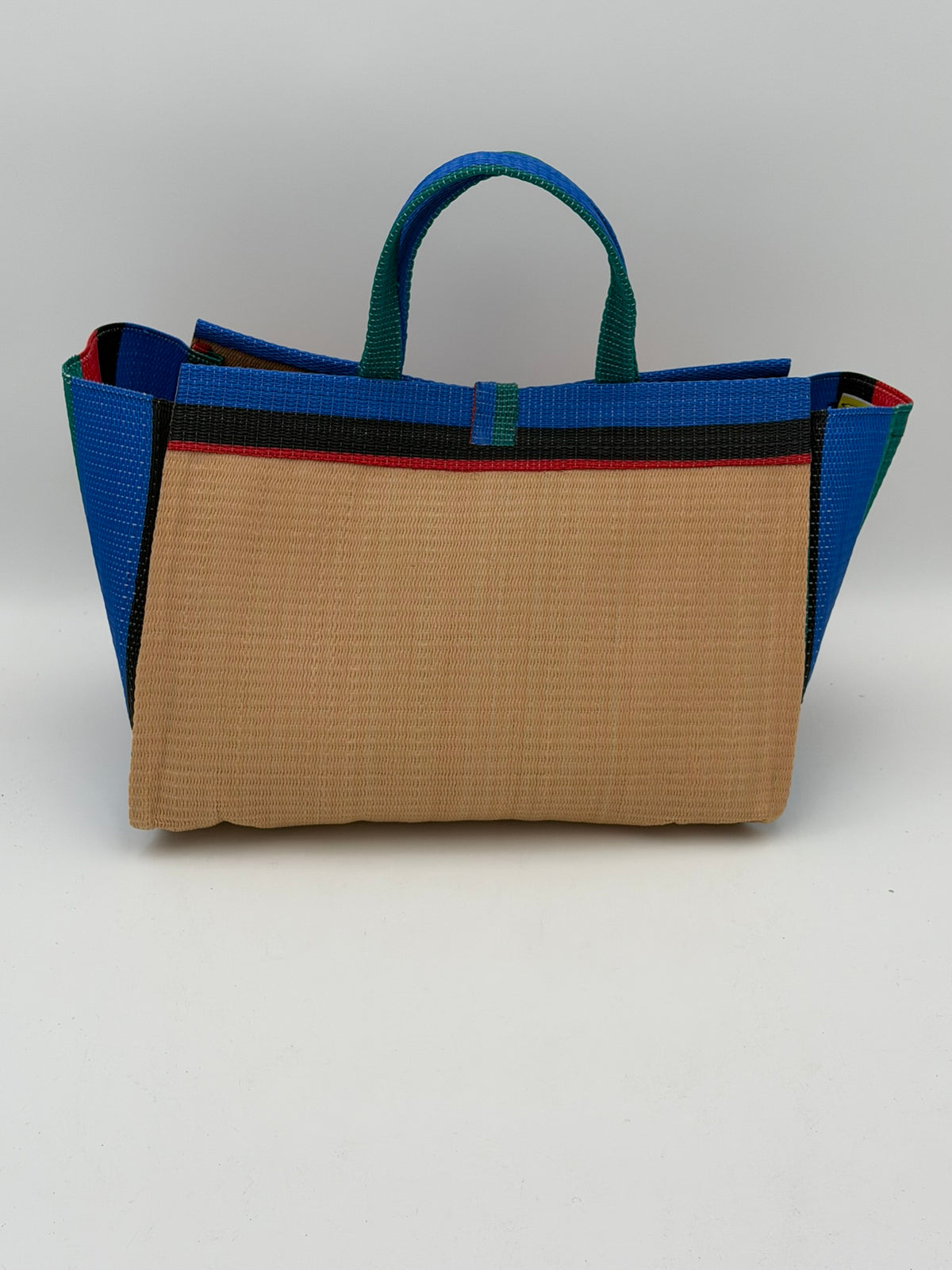 Beige Large handwoven tote bag by SCRUBIES in Beige,Blue,Red,Black with Solid design and Bow accent pattern