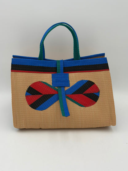 Beige Large handwoven tote bag by SCRUBIES in Beige,Blue,Red,Black with Solid design and Bow accent pattern