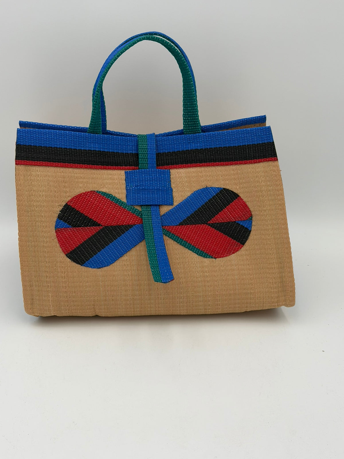 Beige Large handwoven tote bag by SCRUBIES in Beige,Blue,Red,Black with Solid design and Bow accent pattern