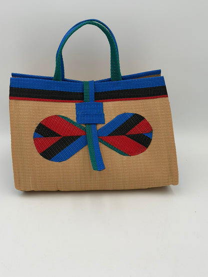 Beige Large handwoven tote bag by SCRUBIES in Beige,Blue,Red,Black with Solid design and Bow accent pattern