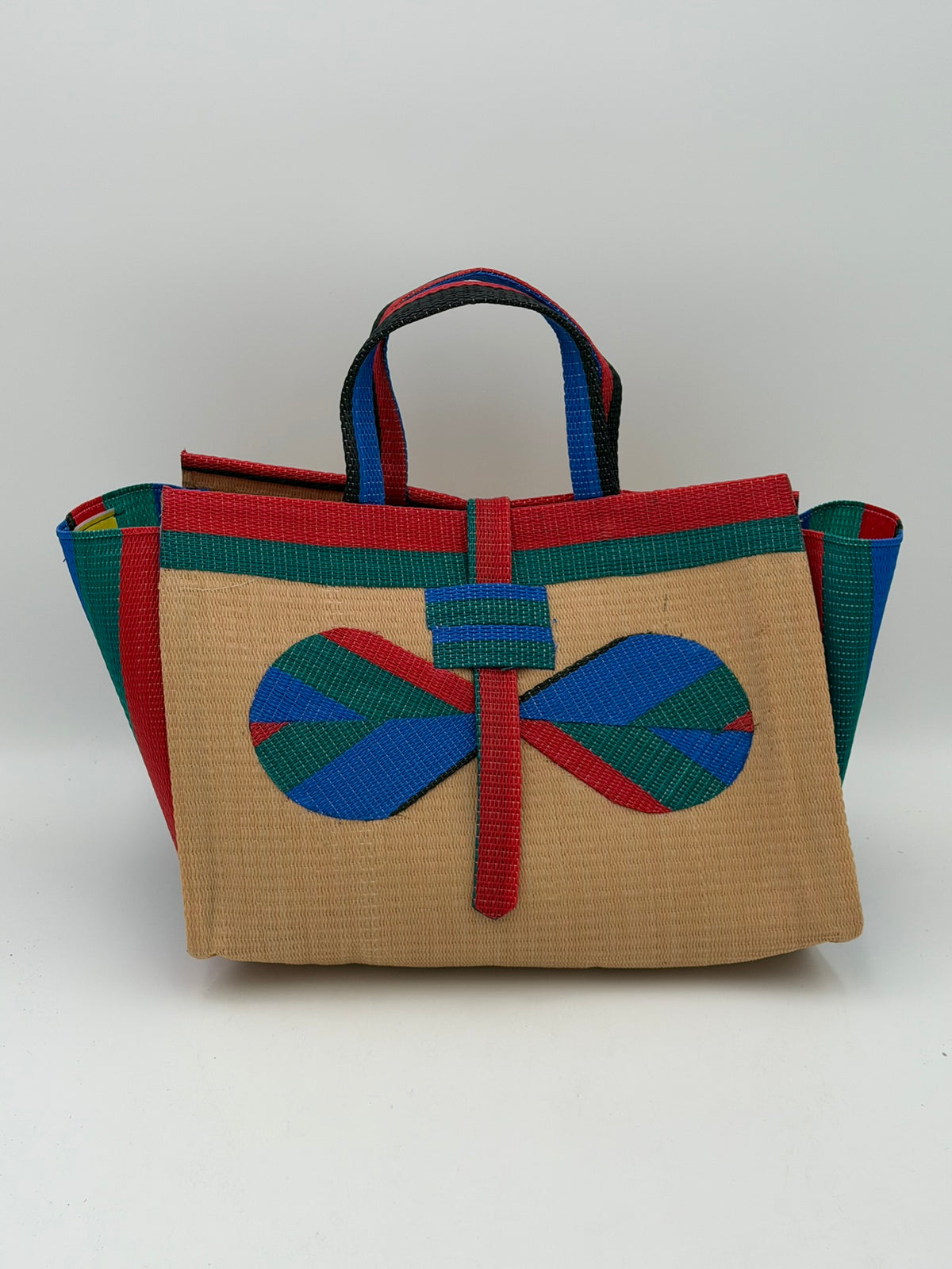Beige Large handwoven tote bag by SCRUBIES in Beige,Grreen,Red,Blue with Solid design and Bow accent pattern