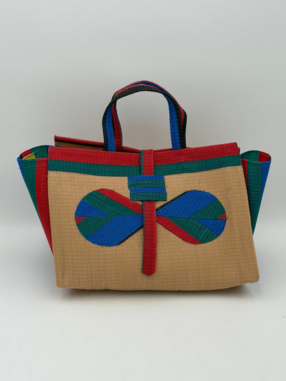 Beige Large handwoven tote bag by SCRUBIES in Beige,Grreen,Red,Blue with Solid design and Bow accent pattern