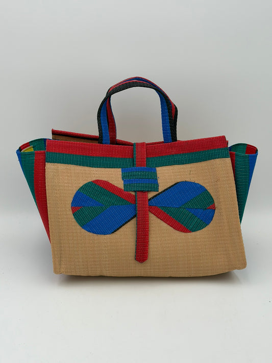 Beige Large handwoven tote bag by SCRUBIES in Beige,Grreen,Red,Blue with Solid design and Bow accent pattern