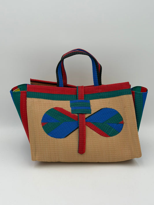 Beige Large handwoven tote bag by SCRUBIES in Beige,Grreen,Red,Blue with Solid design and Bow accent pattern