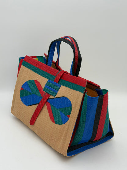Beige Large handwoven tote bag by SCRUBIES in Beige,Grreen,Red,Blue with Solid design and Bow accent pattern