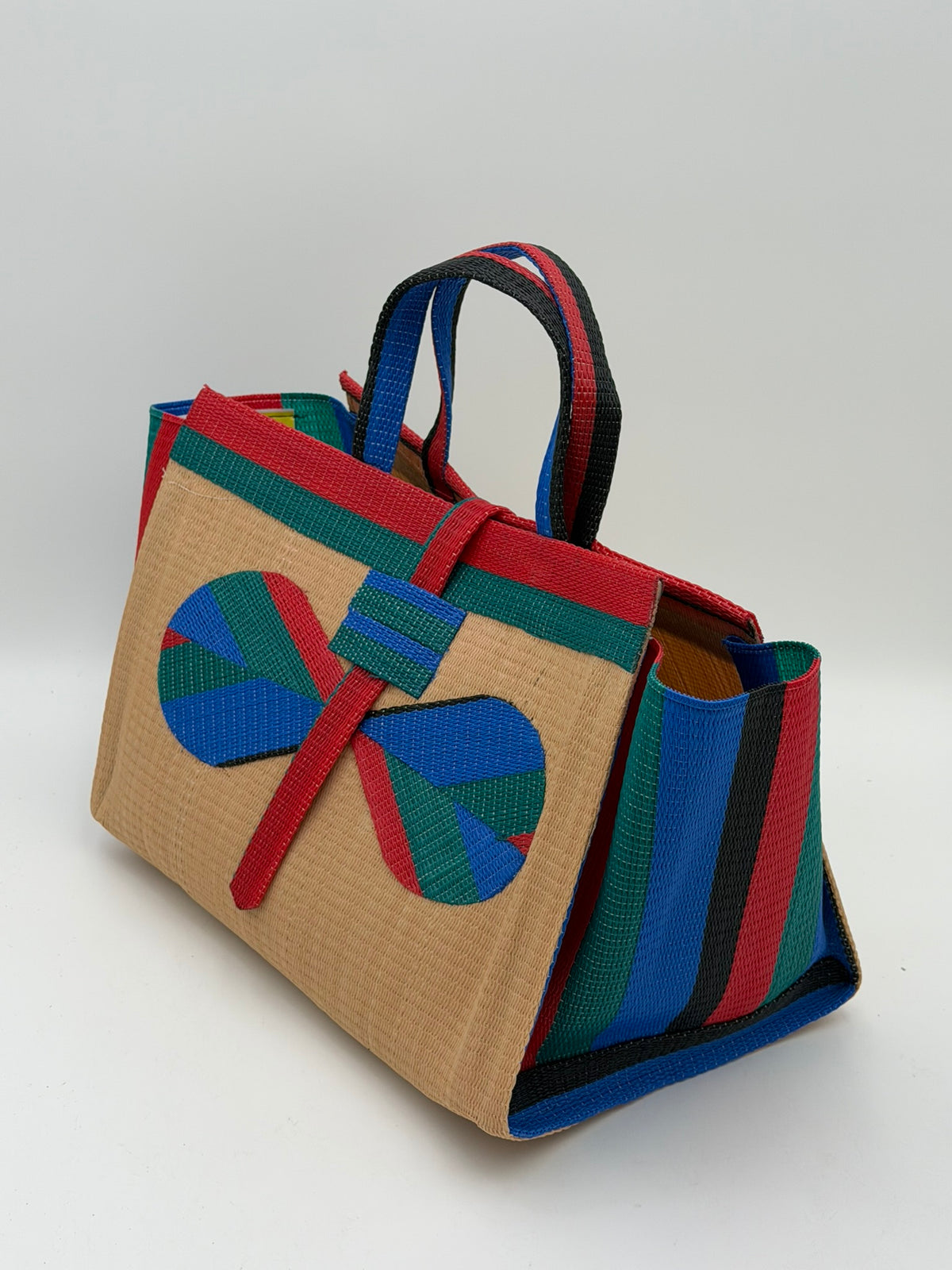 Beige Large handwoven tote bag by SCRUBIES in Beige,Grreen,Red,Blue with Solid design and Bow accent pattern
