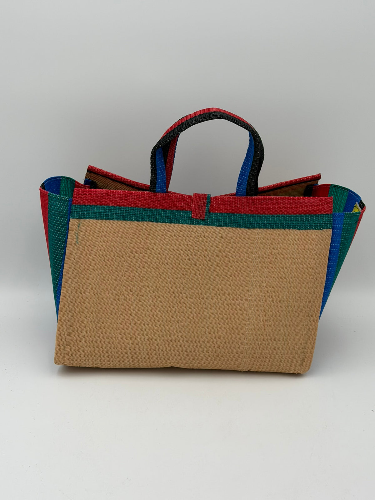 Beige Large handwoven tote bag by SCRUBIES in Beige,Grreen,Red,Blue with Solid design and Bow accent pattern