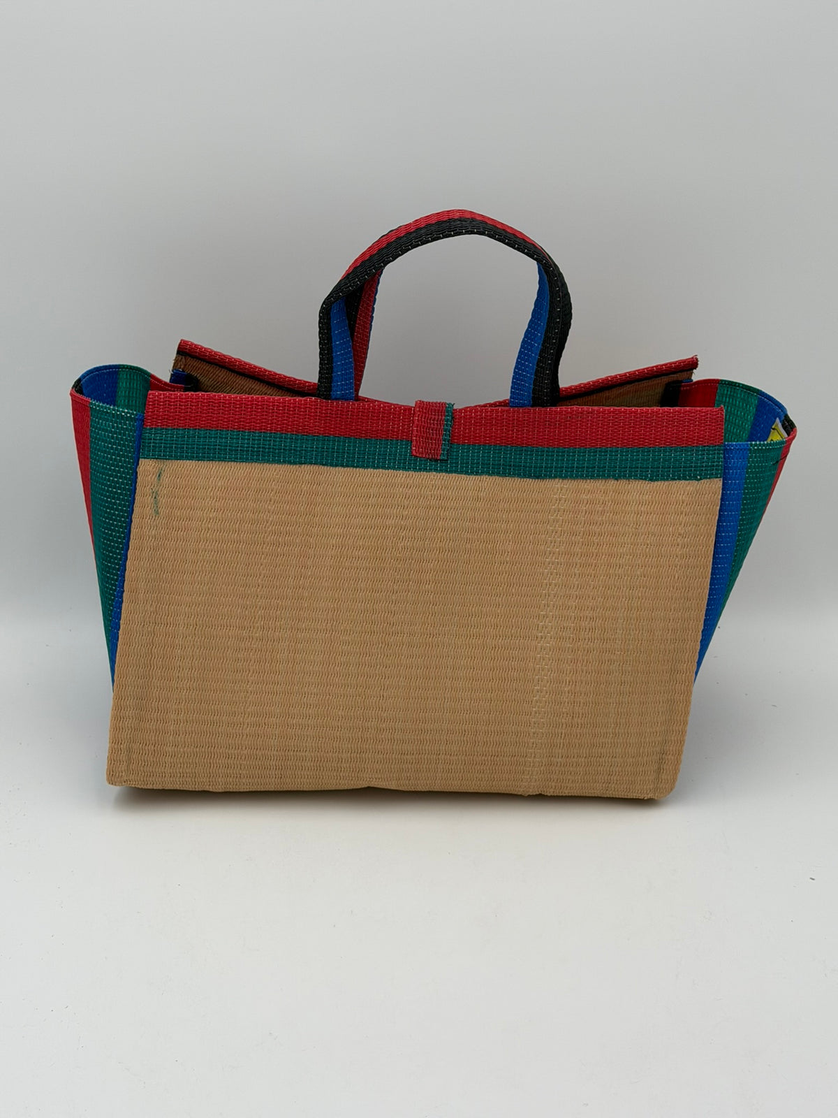 Beige Large handwoven tote bag by SCRUBIES in Beige,Grreen,Red,Blue with Solid design and Bow accent pattern