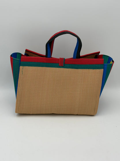 Beige Large handwoven tote bag by SCRUBIES in Beige,Grreen,Red,Blue with Solid design and Bow accent pattern