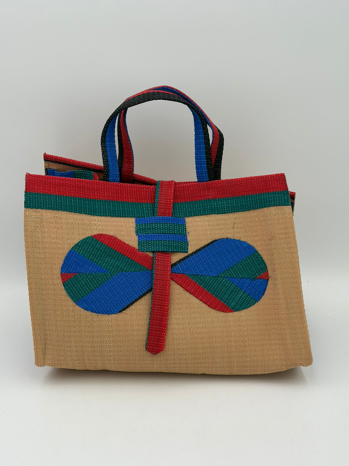 Beige Large handwoven tote bag by SCRUBIES in Beige,Grreen,Red,Blue with Solid design and Bow accent pattern