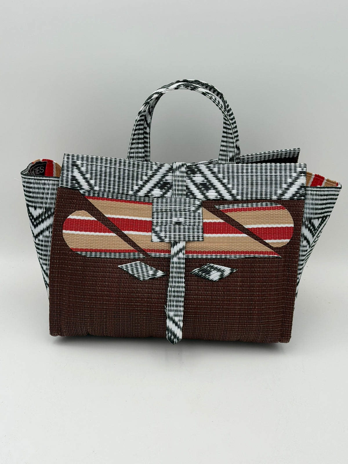 Brownie Large handwoven tote bag by SCRUBIES in Brown,Beige,White,Black with Solid design and Abstract accent pattern
