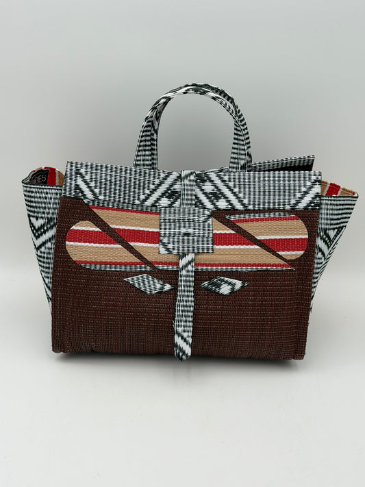 Brownie Large handwoven tote bag by SCRUBIES in Brown,Beige,White,Black with Solid design and Abstract accent pattern