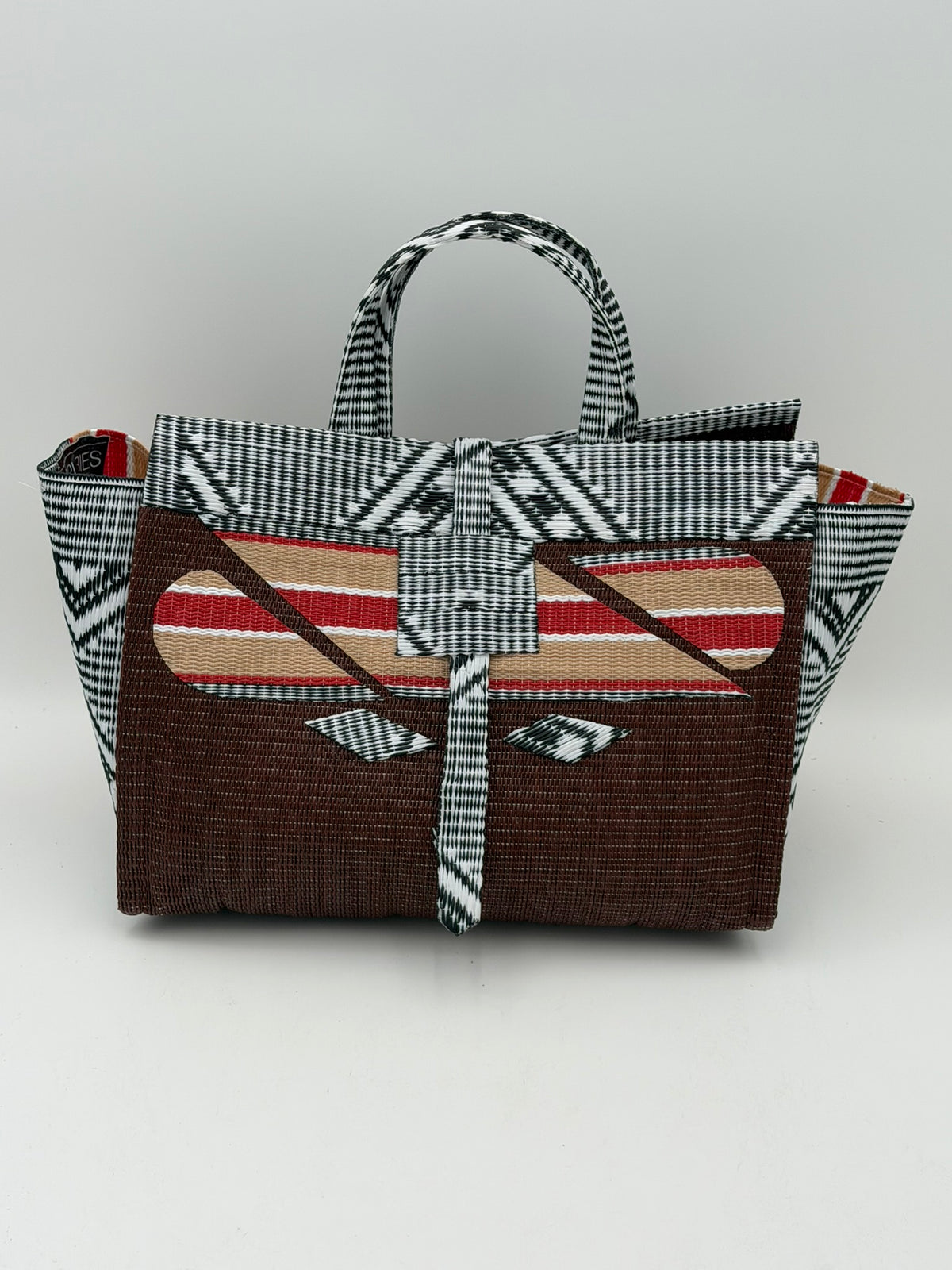 Brownie Large handwoven tote bag by SCRUBIES in Brown,Beige,White,Black with Solid design and Abstract accent pattern