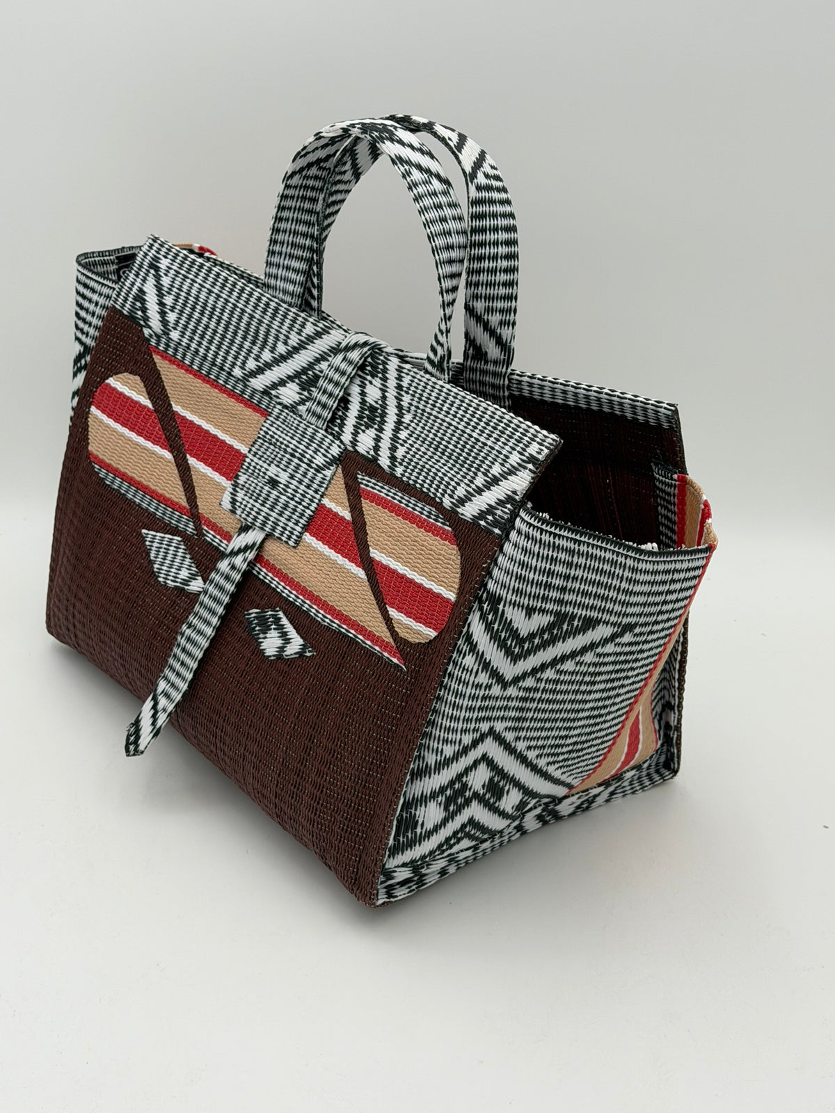 Brownie Large handwoven tote bag by SCRUBIES in Brown,Beige,White,Black with Solid design and Abstract accent pattern